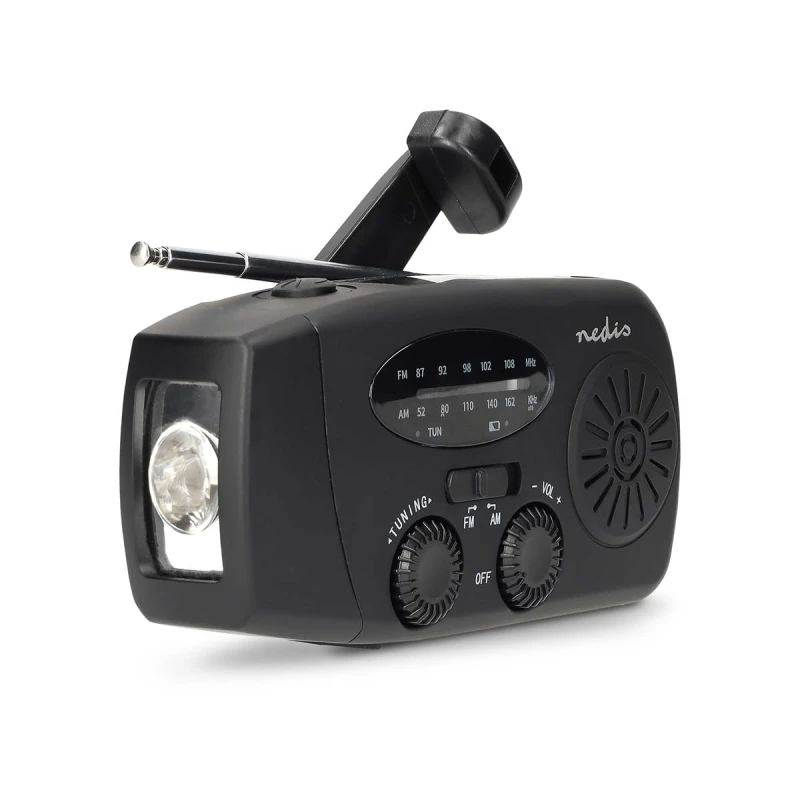 Nødradio med FM/AM, håndsving, solcelle, powerbank og lommelygte